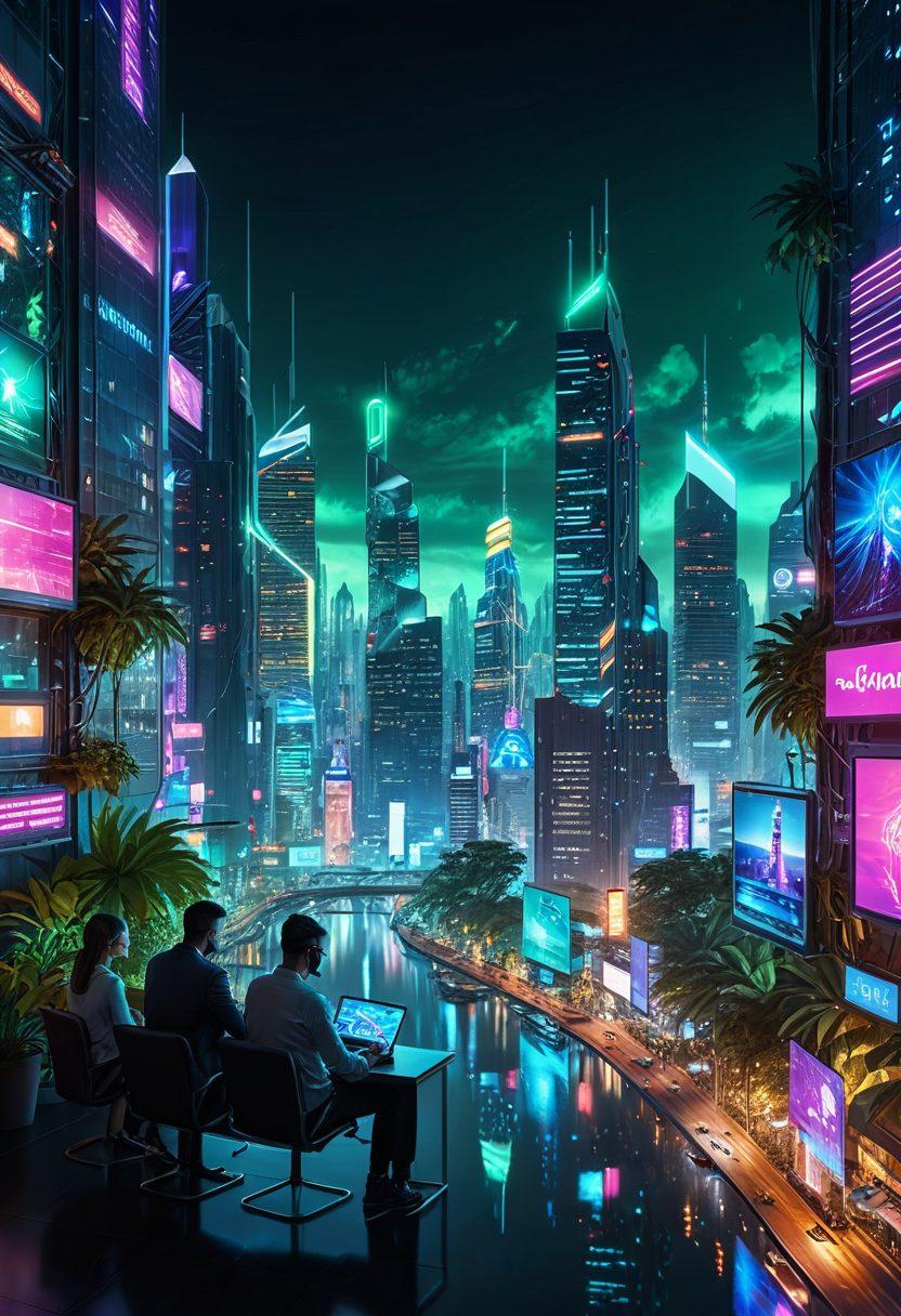 A futuristic cityscape with digital insurance symbols floating in the sky, showcasing diverse individuals using smartphones and tablets to manage their policies. In the foreground, a seamless blend of technology and nature, illustrating harmony between digital solutions and real-world applications. Bright neon colors highlight the innovation and transformability in insurance coverage and risk management. super-realistic. vibrant colors. cyberpunk.