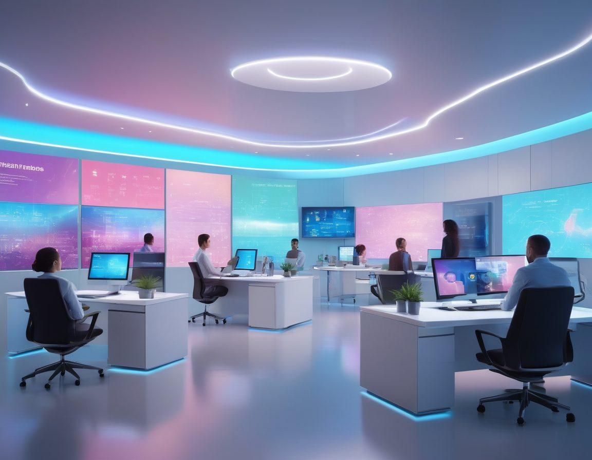 A futuristic office environment showcasing advanced technology in claims processing, with diverse professionals collaborating around digital screens and holograms displaying insurance data. Include elements like a virtual assistant and automated systems, symbolizing efficiency and innovation in customer care. Bright, inviting colors to create an optimistic atmosphere. super-realistic. vibrant colors. 3D.