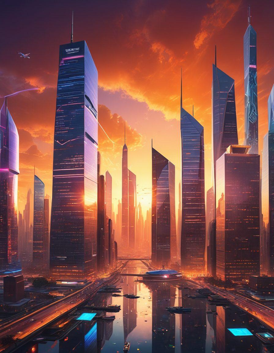 A futuristic city skyline with digital elements representing insurtech, featuring diverse people engaging in financial discussions surrounded by holographic charts and insurance symbols. Include a backdrop of technological advancements like drones and smart devices emphasizing empowerment and protection in finance. A warm sunrise to symbolize hope and progress. vibrant colors. cyberpunk.